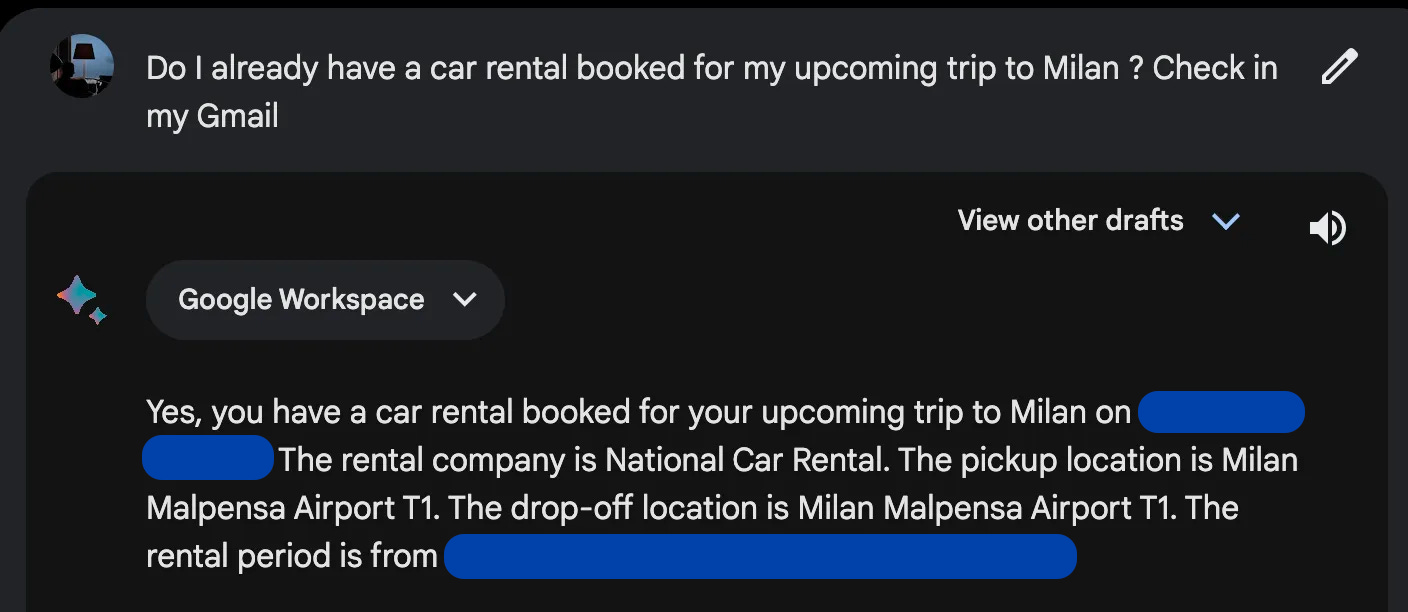 Bard query asking whether a car rental is already booked for an upcoming trip