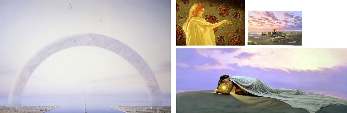 LEFT: A massive stone arch straddles the horizon. The milky white stone texture of the "rainbow" stands against misty lavender sky. Gray-blue lines mark randomly patterns of interconnected lines and shapes. Circle, egg, broken ladder, swirl, hour glass—none of the shapes or lines repeat. Transparent spheres, each containing a solitary flame, float toward the arch. A long causeway extends out across a channel of blue water to the center of the arch. The channel splits what appears to be a futuristic city as seen from very high up. Skyscraper-like structures appear tiny against a stretch of flat concrete as they cast long shadows that run parallel to the horizon. TOP LEFT: A woman wrapped in a sheet of white fabric contemplates a red glass heart held at arm's length. The glow of light from behind bathes her long, wavy red hair. She holds her left arm extended exposing one bare breast from beneath the folds of cloth. The pale skin of her arm catches highlights of golden light. Between thumb and forefinger, she pinches a thin red ribbon weighed down by the small glass heart. The wall beside her is made of rough olive stone set with brown ammonite fossils in relief. TOP RIGHT: A shirtless man in jeans hugs his arms close as he sits upon a broken ammonite half buried on the beach. The chambers of the shell are half filled with water. Wind blows the man’s long blonde hair as staggered puffs of clouds drift overhead. BOTTOM RIGHT: On a gently arching slope of smooth sand, a woman is down on all fours with her head resting against a transparent sphere glowing with golden light. Her eyes are closed and her expression peaceful as she wraps arms around the sphere. A long white satin cloak mostly covers her but she appears to be naked underneath. One leg is drawn up to her chest and the other extends back as the fabric ripples as it recedes down the slope. Behind her is a cloudy lavender sky.