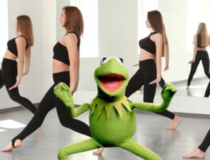 dancing people with kermit the frog flailing in front