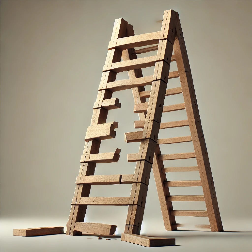 A photorealistic image of a broken wooden ladder standing upright, with at least 5 middle rungs missing, leaving large, uneven gaps between the bottom and top sections. The ladder is aged and worn, with visible cracks and rough edges. The background is neutral and clean to focus attention on the broken ladder, symbolizing difficulty, incompleteness, or a missing progression.