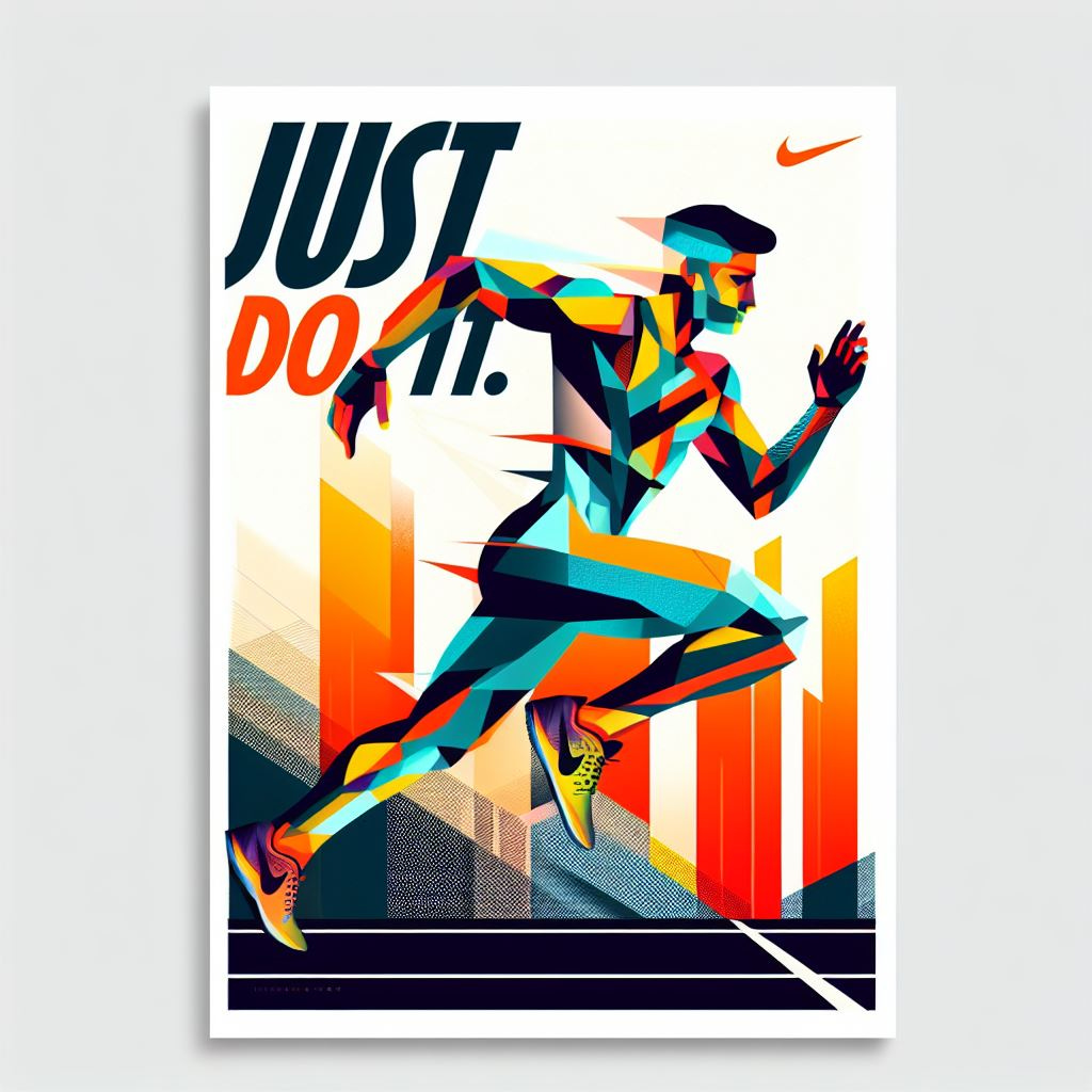 An illustration of a person wearing Nike shoes and clothing. The person is drawn in a geometric and abstract style, with bright colors and sharp angles. The illustration is inspired by the works of Tamara de Lempicka, a famous Art Deco painter who depicted modern and elegant figures. The person is shown running on a track, with a city skyline in the background. The poster also includes the text ‘Just Do It’ in a bold and stylized font, and the Nike logo in the bottom right 