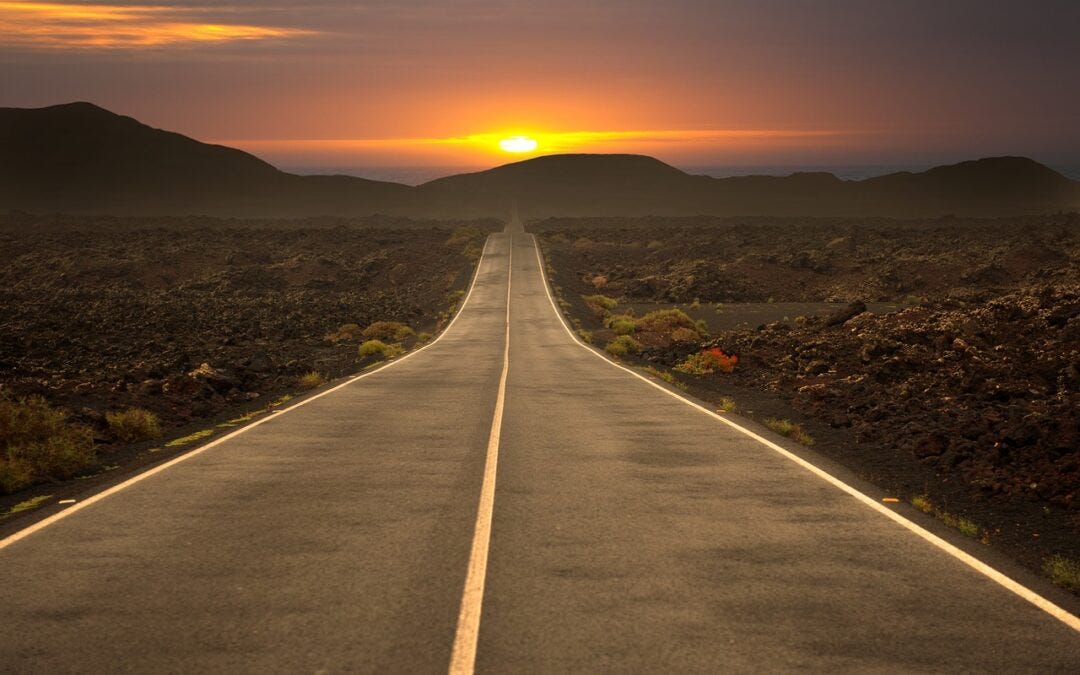 road, desert, sunset