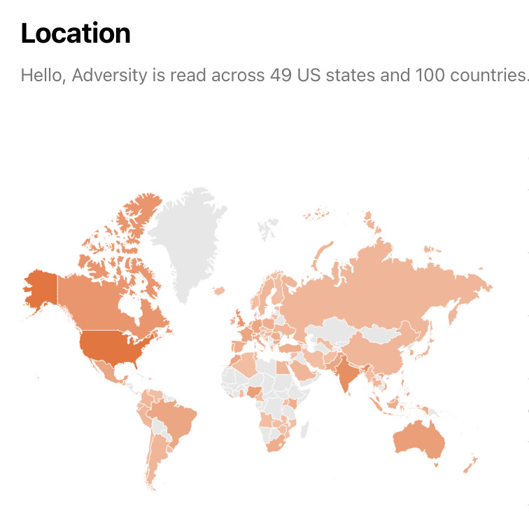 A heat map of the world. I have readers in 100 countries.