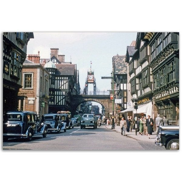 Vintage 1950s Street with Traffic seen at Eastgate Street, Chester, Cheshire, Great Britain, Retro Wall Print, Poster