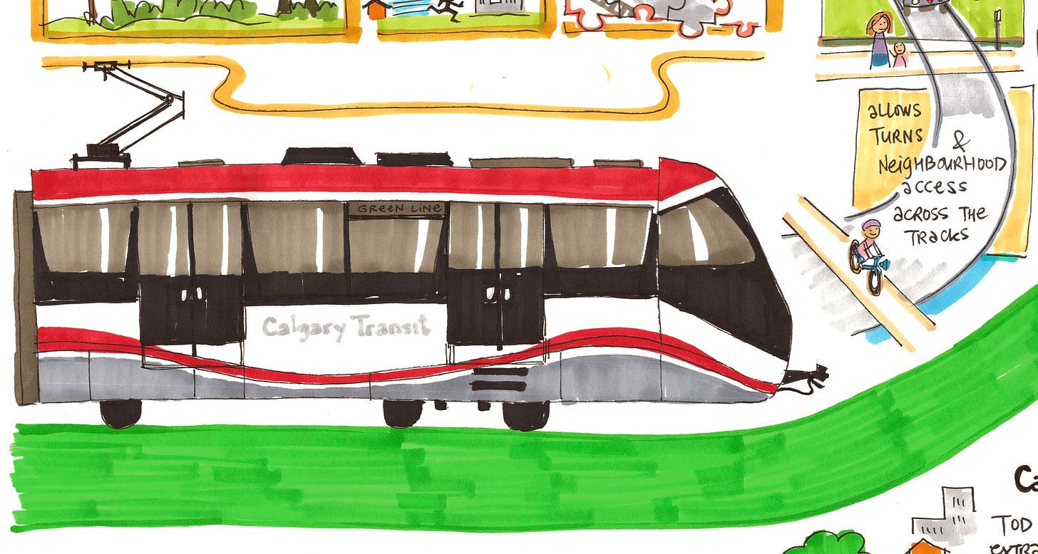 Drawing with markers, of an LRT train riding along a green roadway