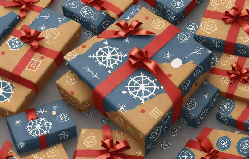 A collection of packages wrapped in brown wrapping paper with things that could possibly be called Kubernetes logos on them, along with some mismatched bows