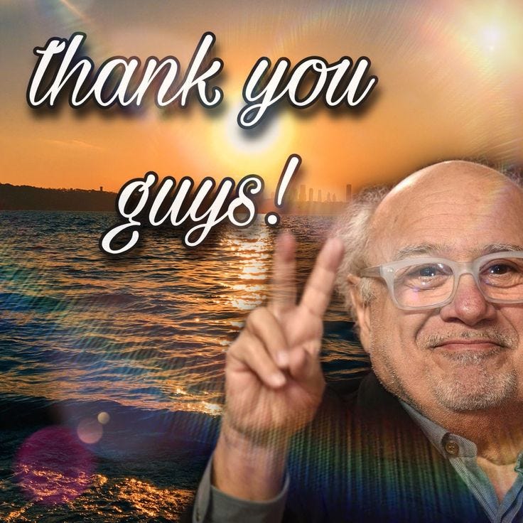 This may contain: an older man is giving the peace sign in front of water and sunset with words that say thank you guys This may contain: an older man is giving the peace sign in front of water and sunset with words that say thank you guys