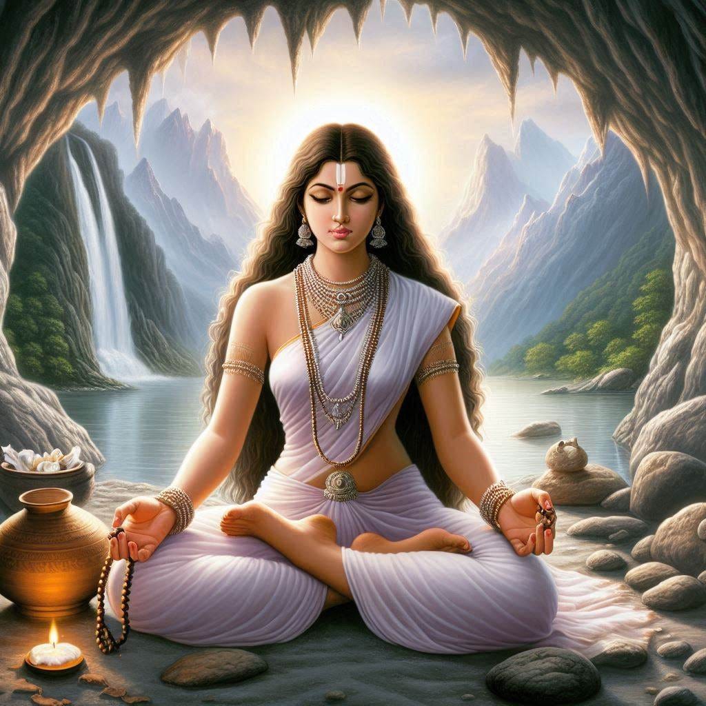 Goodess devi brahmacharini, doing meditation penacee in a cave mountians, carries a Japa Mala (Rosary) in her right hand and kamandal (pot with sacred water) in her left hand. She is barefooted signifying her closeness to nature and dressed in a white saree. This denotes her detachment  from the worldly desires and her simple approach to life. She is all about self-discipline and commitment to a higher spiritual purpose, leaving behind all the materialistic attachment