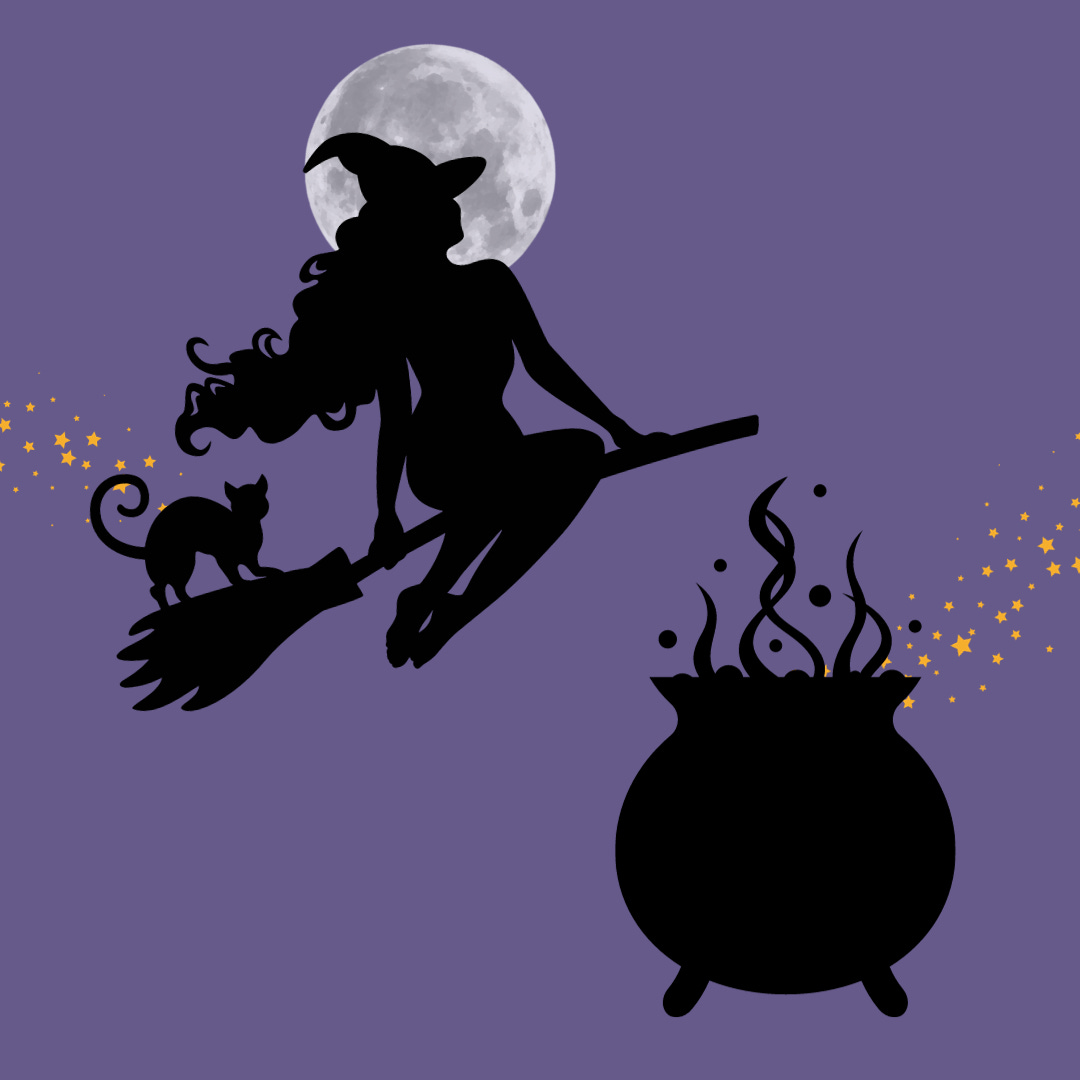 Silhouette of a witch on a flying broom with her cat against a full moon with trailing yellow stars, a boiling cauldron also trailing stars
