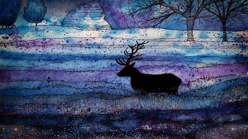 Image of a deer on hand drawn field with blue and purple water colors and pen and ink
