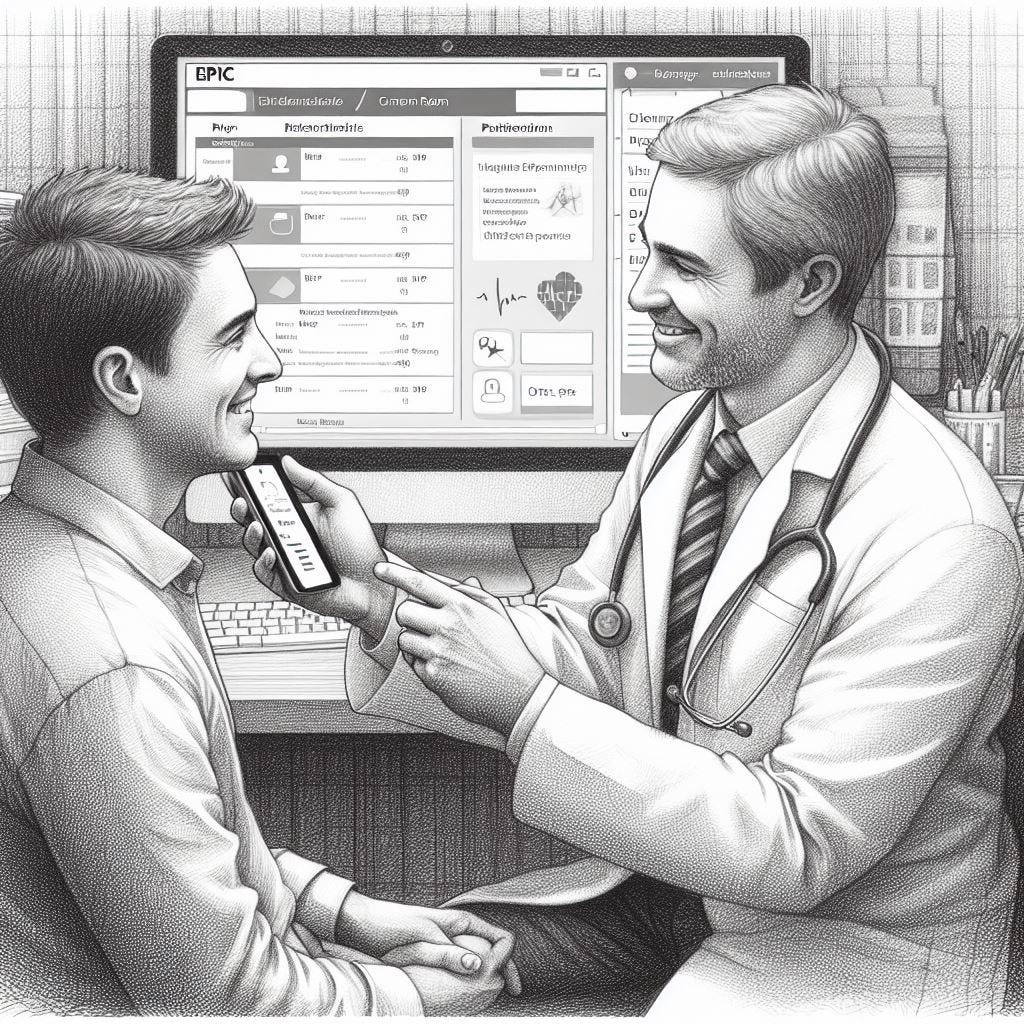 A physician with a patient in the exam room looking directly in each others eyes and smiling with a computer screen displaying a typical Epic EMR screen behind the physician while the physician holds a smartphone in their hand in front of them, in pencil sketch style.