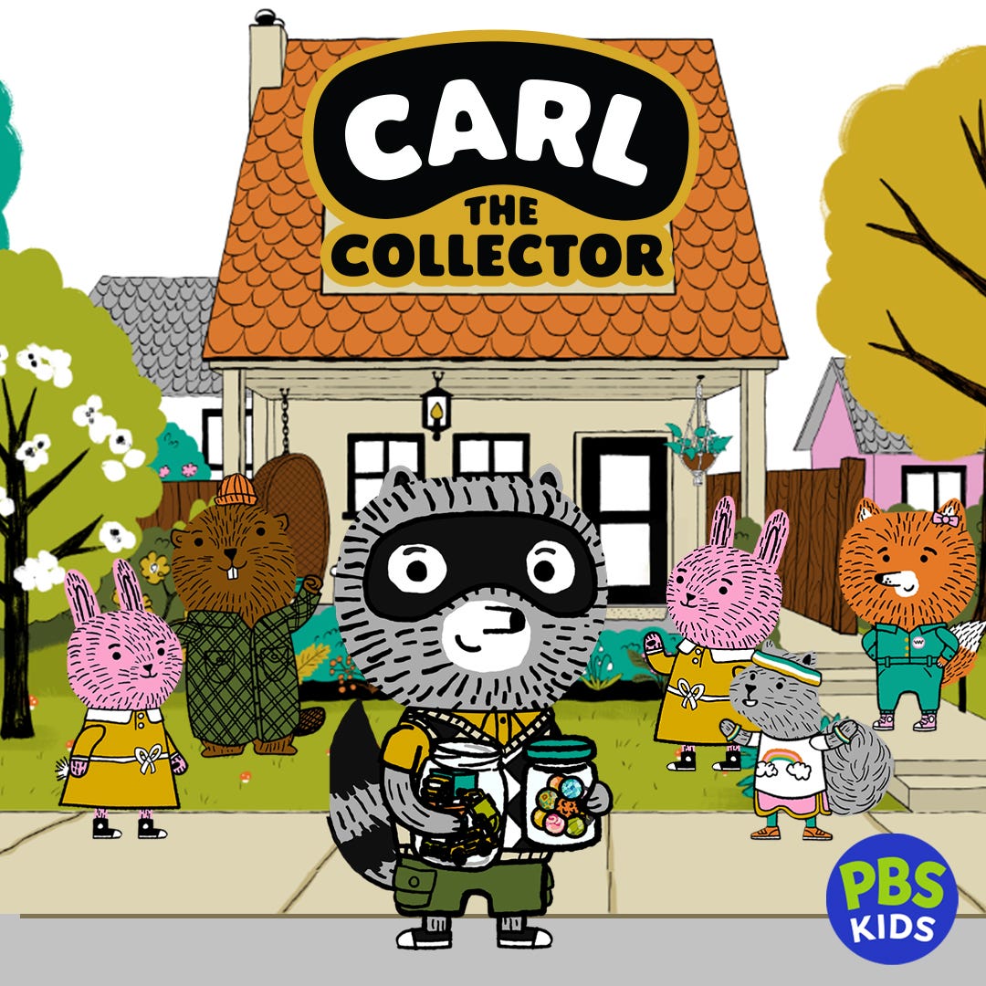 Image for the PBS KIDS show 'Carl the Collector' featuring the animated character Carl, a gray raccoon with large eyes, surrounded by several colorful animal friends in a neighborhood setting.