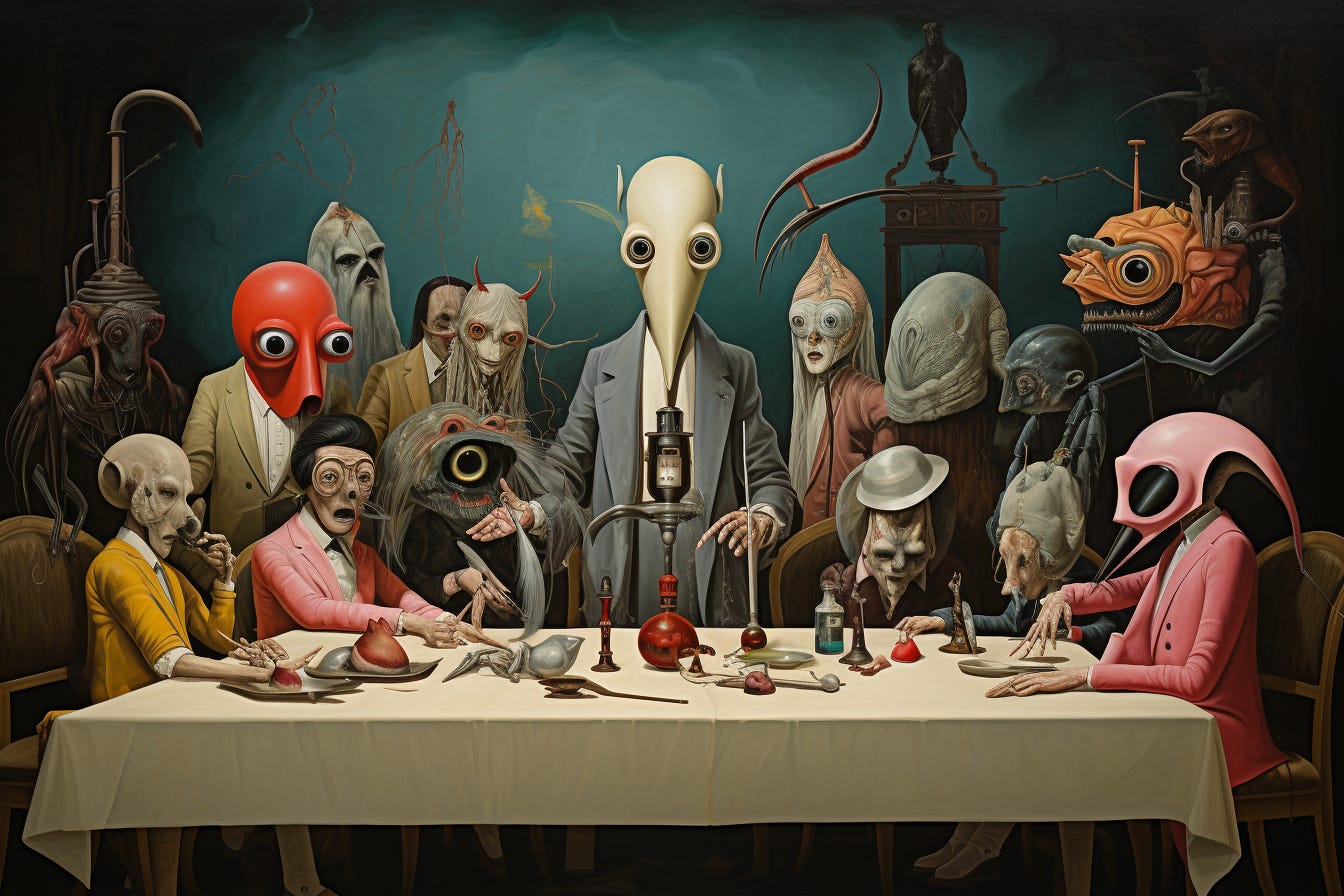 Surrealist painting of a large group of colorful, alien creatures around a table