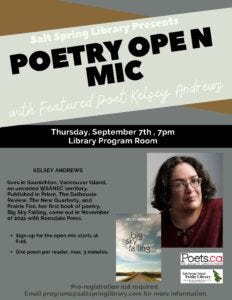 Poster for a poetry reading and open mic at Salt Spring Library