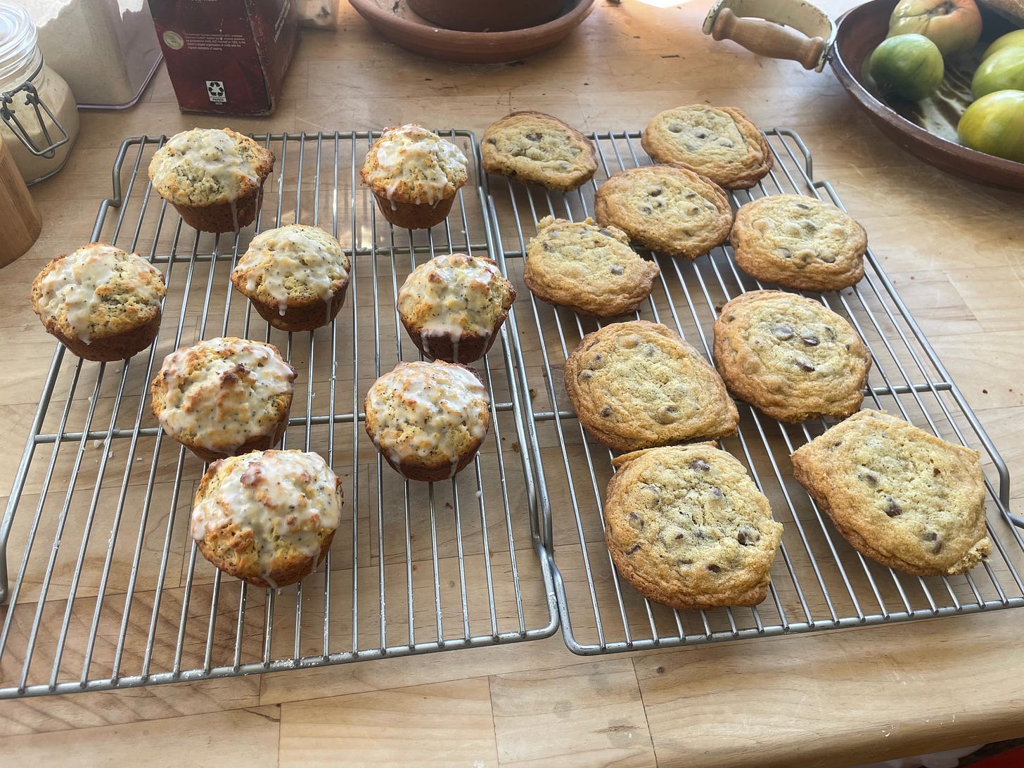 Muffins and cookies cooling on my baking table
