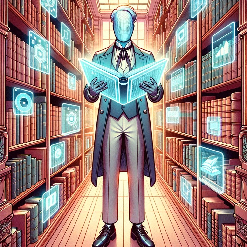 Illustration of ChatGPT as a person, standing in a library, surrounded by books and digital screens. Their attire is a mix of classic and modern, and they seem to be engrossed in reading a holographic book.