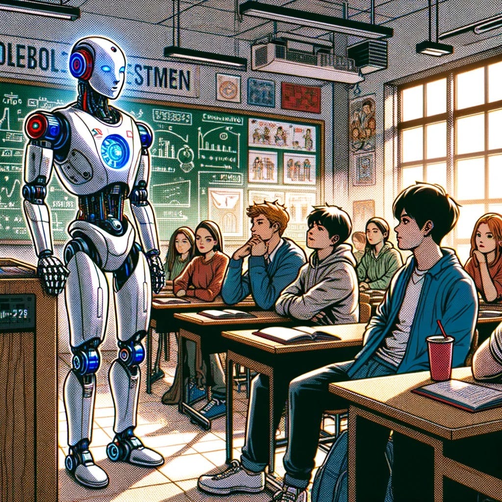 a college classroom in the near future, where human students interact with their robot teacher. The scene captures the tension, curiosity, apprehension, and the contrasting calm and imposing presence of the robot teacher.