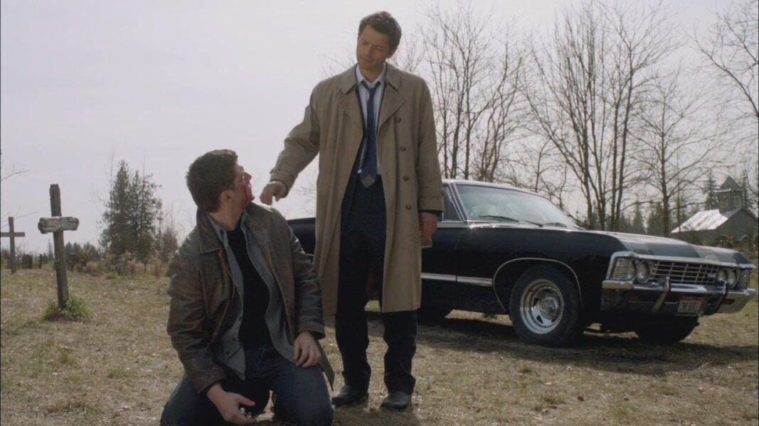 SPN Swan Song castiel reaching down to Dean Winchester