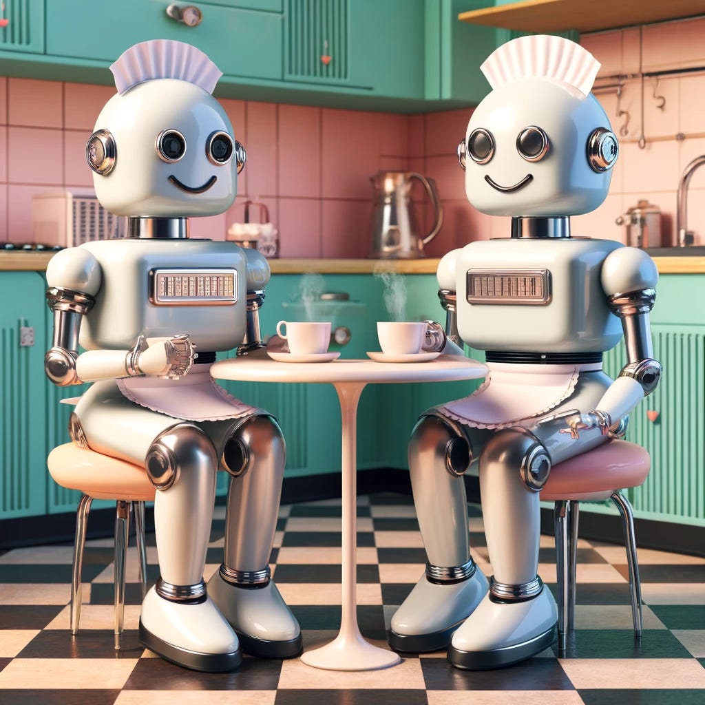 Two 1960s-style cartoon robot maids sitting in a retro kitchen, enjoying a coffee break. The robots are designed with vintage metallic features and simple, friendly faces. They are seated at a small kitchen table with two cups of coffee. The kitchen has pastel-colored walls, a checkered floor, and vintage appliances, capturing the essence of a mid-century home. The atmosphere is relaxed and cheerful, evoking a sense of companionship and a break from duties.