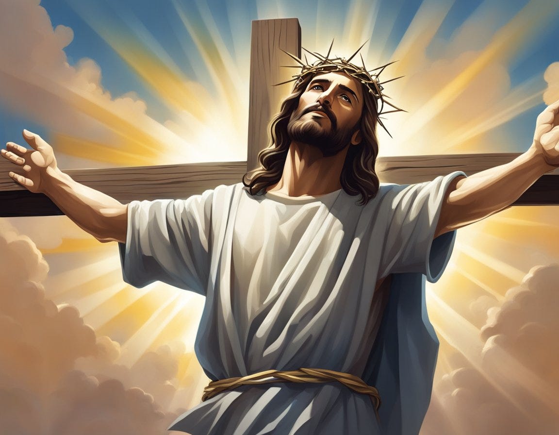 Jesus hangs on the cross, arms outstretched, with a crown of thorns on his head. A bright light shines down from the heavens, symbolizing the atonement for humanity's sins