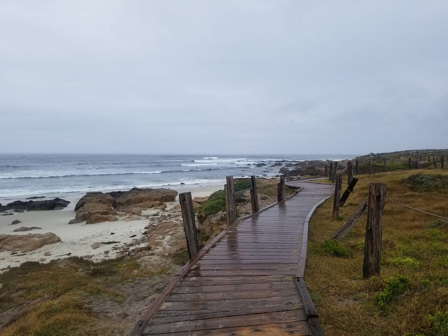 wooden boardwalk leading to the ocean on a cloudy day