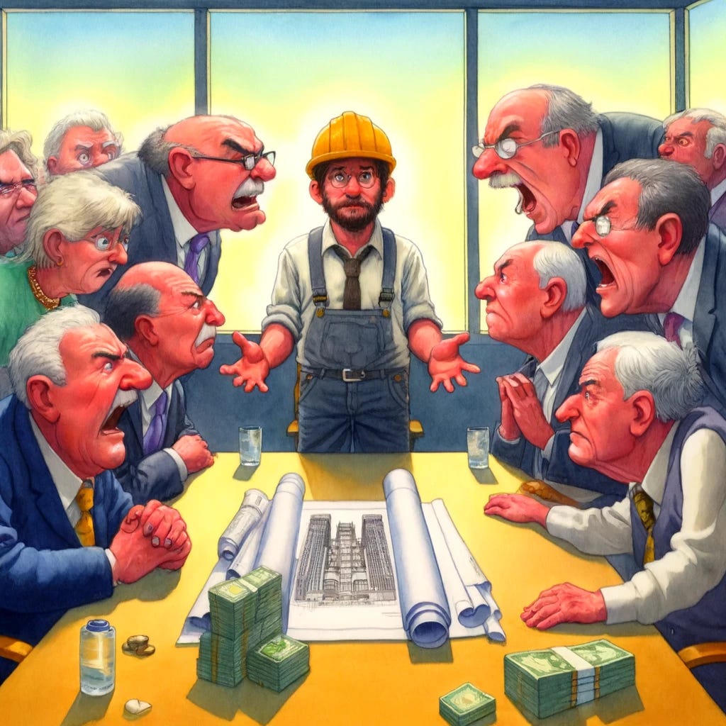An illustration in a watercolor cartoon style depicting a vibrant and emotive confrontation within a meeting room. In the center stands a lone builder, easily identifiable by a hard hat and holding a set of blueprints, looking slightly overwhelmed but determined. Surrounding this builder are five angry old people, their faces twisted in expressions of frustration and anger, gesturing wildly to emphasize their points. These individuals represent the local community, with their attire ranging from casual to slightly formal, indicating a mix of backgrounds but united in their discontent. On the opposite side, three corporate figures are depicted in an exaggerated manner, with oversized suits and greedy expressions, each engaged in the act of counting stacks of money, utterly oblivious or indifferent to the builder and the angry mob. Their demeanor and actions symbolize the disconnect and greed often associated with corporate interests. The entire scene is rendered in soft watercolors, giving it a vibrant yet gentle appearance, highlighting the emotional tension and the stark contrasts between the groups.