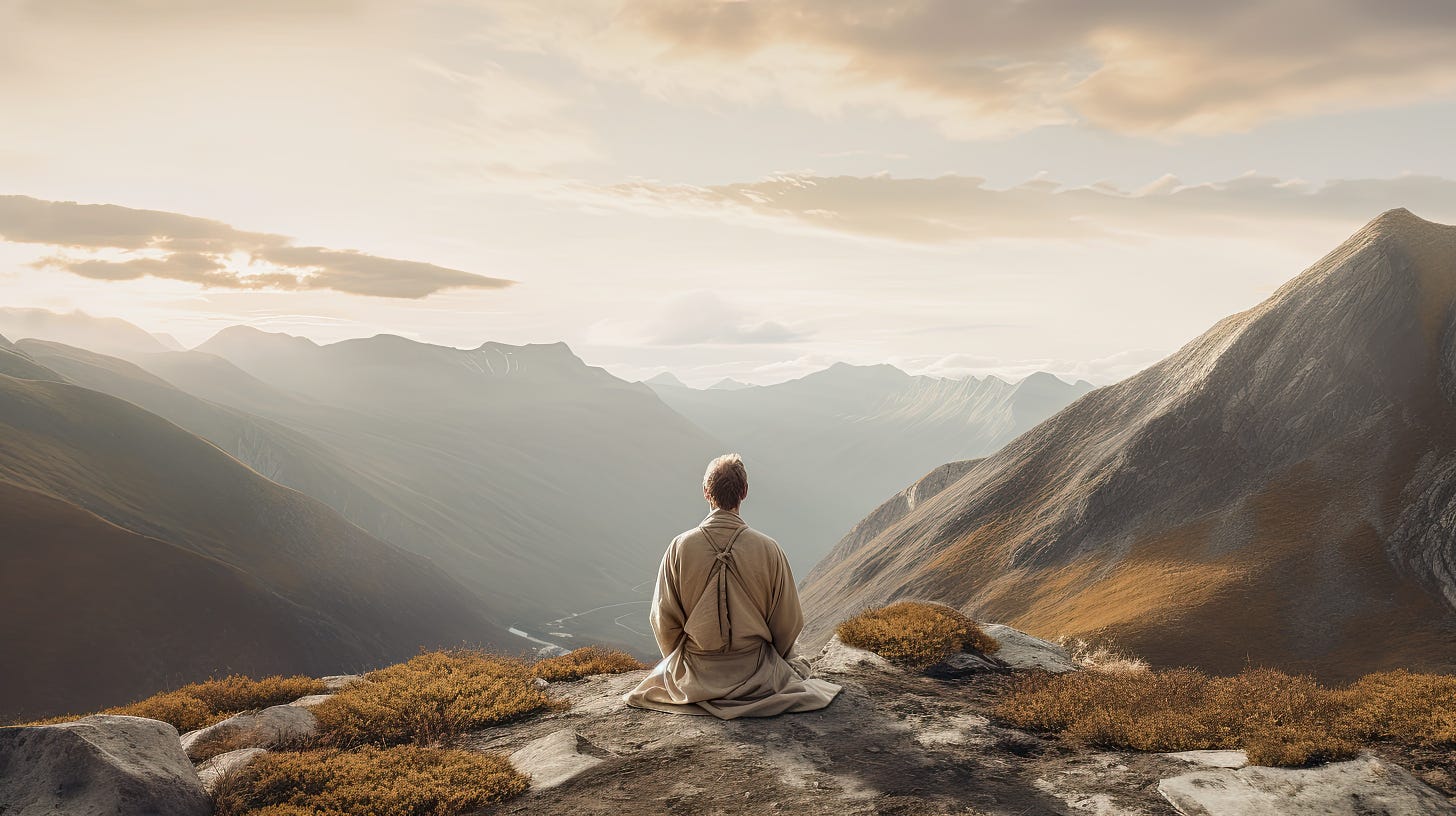 a man in beige robes meditating on a mountain during sunrise (credit: Thomas Nordwest)