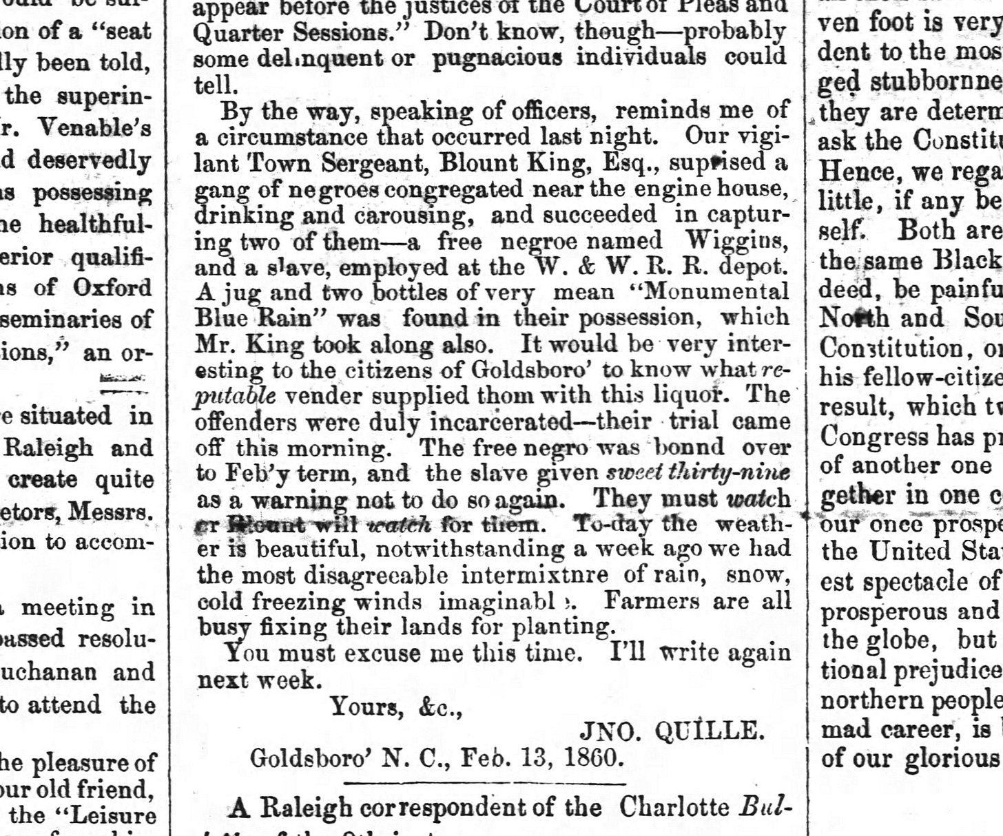 Newspaper description of Blount King as a police officer harassing Black people. 