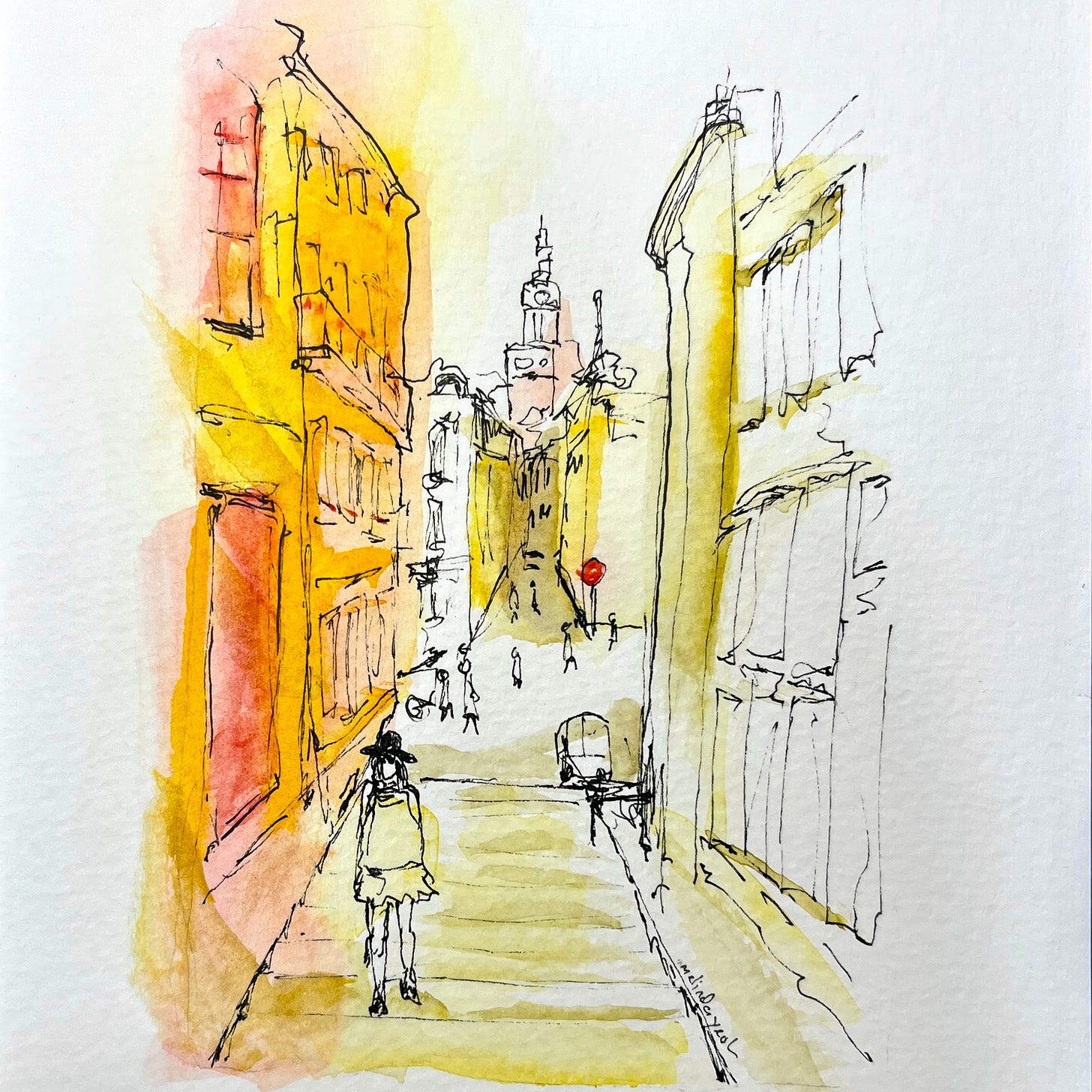 image: ink and watercolour painting of a charming alley in Porto, with primarily sunny yellow and red colours with black fine liner pen