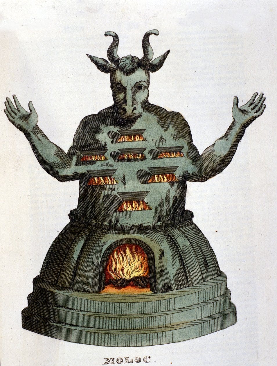 Moloch. Ancient Carthaginian deity. We sacrificed the children to him by  throwing them into the flames. Engraving of the 19th century.