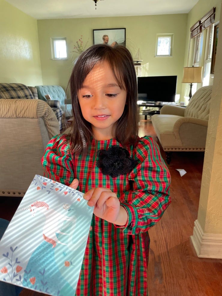 She got this one early for her birthday. The dress and pinafore which matches the other dolly outfit above, she'll open at Christmas.