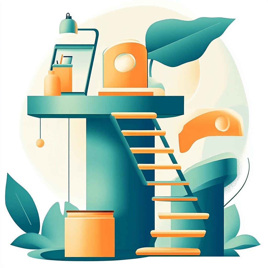 an illustration of A stylised office environment with a winding ladder leading to a podium, representing the journey of career advancement. - 