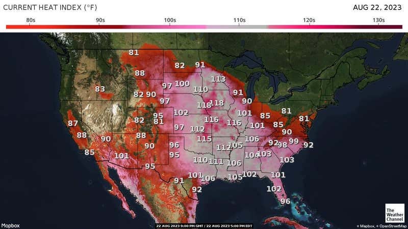 Map depicting current heat index across the US.
