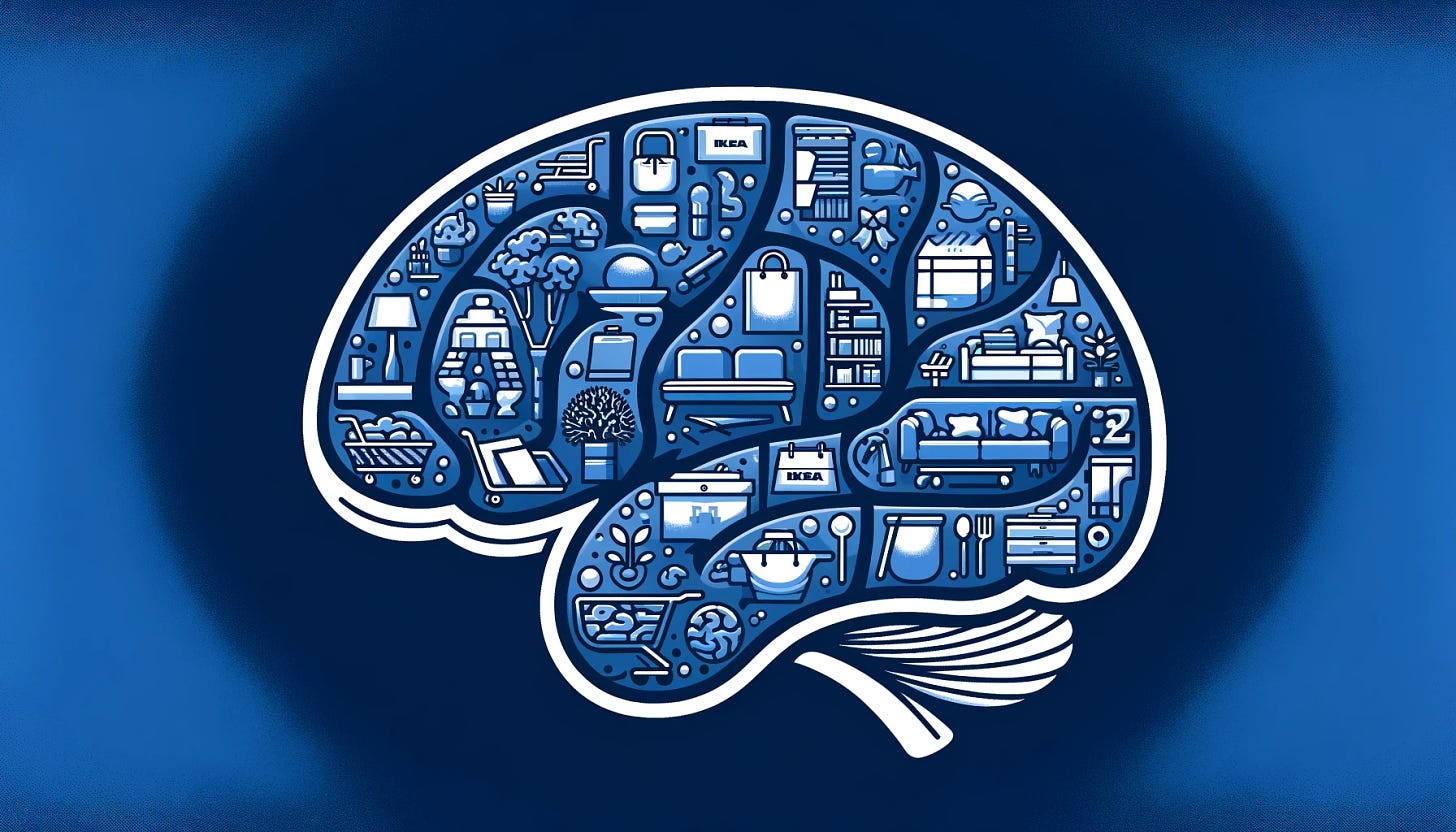 A wide banner format illustration of Quadrant 2, depicting a stylized, abstract representation of a human brain section filled with imagery of shopping at IKEA, including products like furniture and home accessories, all in shades of navy blue. The style should be similar to the previous brain illustrations, clear and educational, suitable for a scientific or marketing presentation. This image should convey organization and practicality, emphasizing the theme of 'Organizers' in a visually engaging manner.