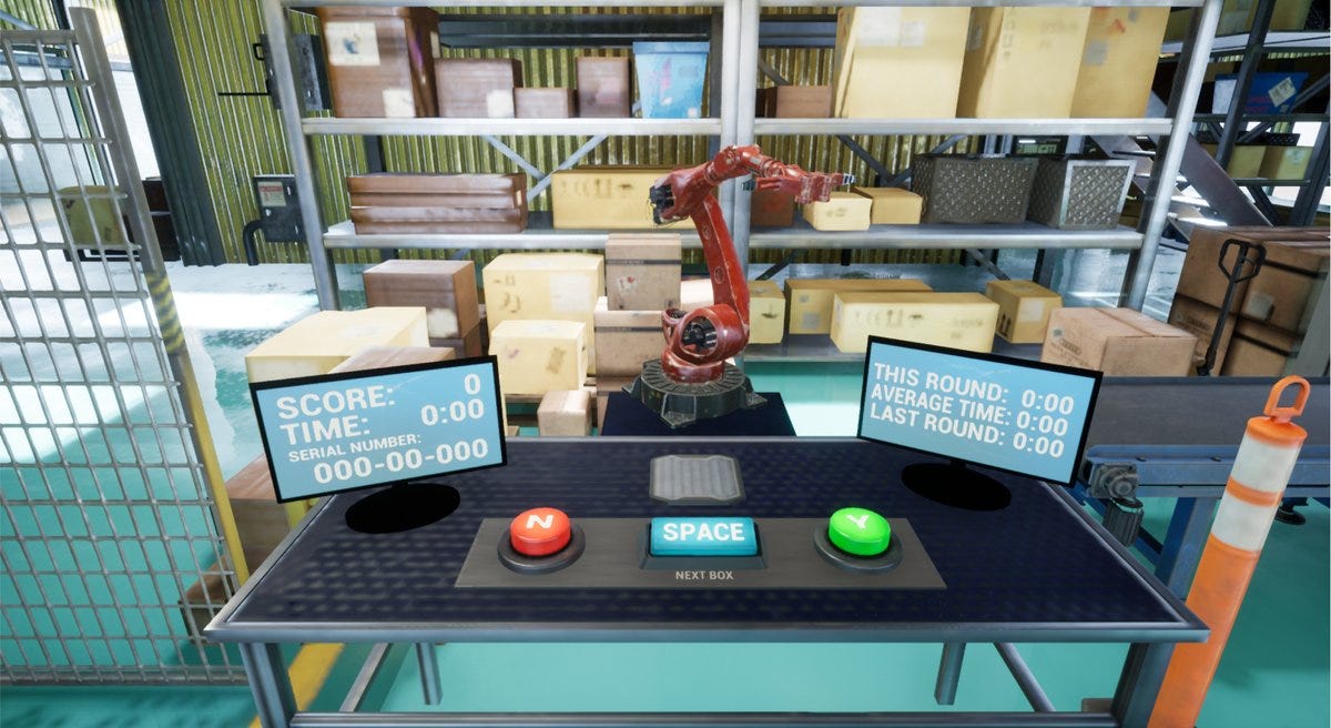 A simulation of a table in a warehouse with a robot arm behind the table grabbing boxes and two screens on the table showing score, time and other performance statistics.