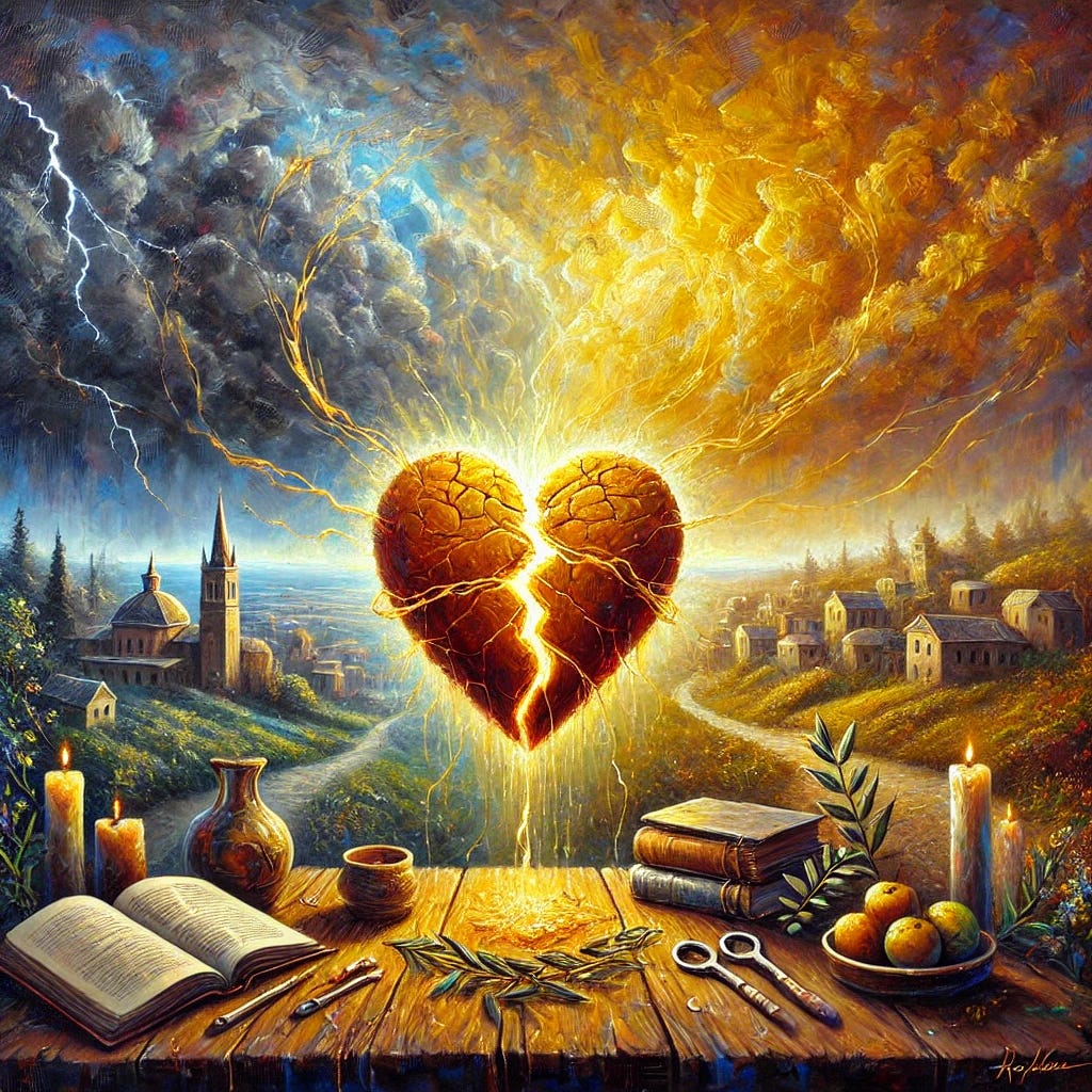 A symbolic oil painting titled 'Forgiveness,' set against the backdrop of a quiet town resembling Berkeley, CA, with vibrant, expressive strokes and rich colors. In the foreground, a cracked, golden heart is being mended by radiant threads of light, representing healing and the struggle to forgive. The heart rests on a table surrounded by diverse symbols of community and individuality, like books, tools, and olive branches. The background fades into an abstract blend of stormy gray clouds transitioning to warm, hopeful hues of gold and orange, signifying inner conflict giving way to peace. The style is evocative of impressionist landscapes combined with symbolic realism, emphasizing the emotional journey.