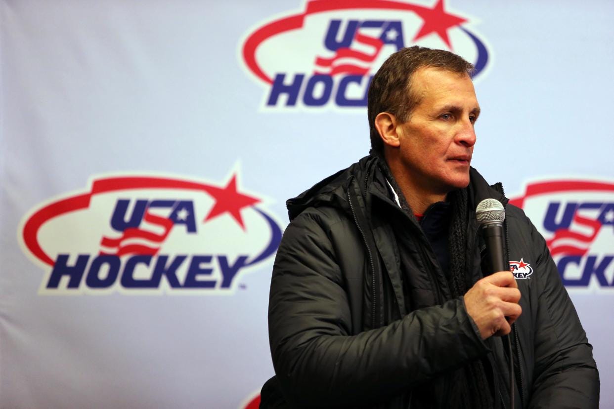 Team USA head coach Tony Granato speaks at a press conference at the 2018 NHL Winter Classic.