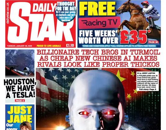 Daily Star front page on 28 January 2025; main story about Chinese vs US AI rivalry with image of robot