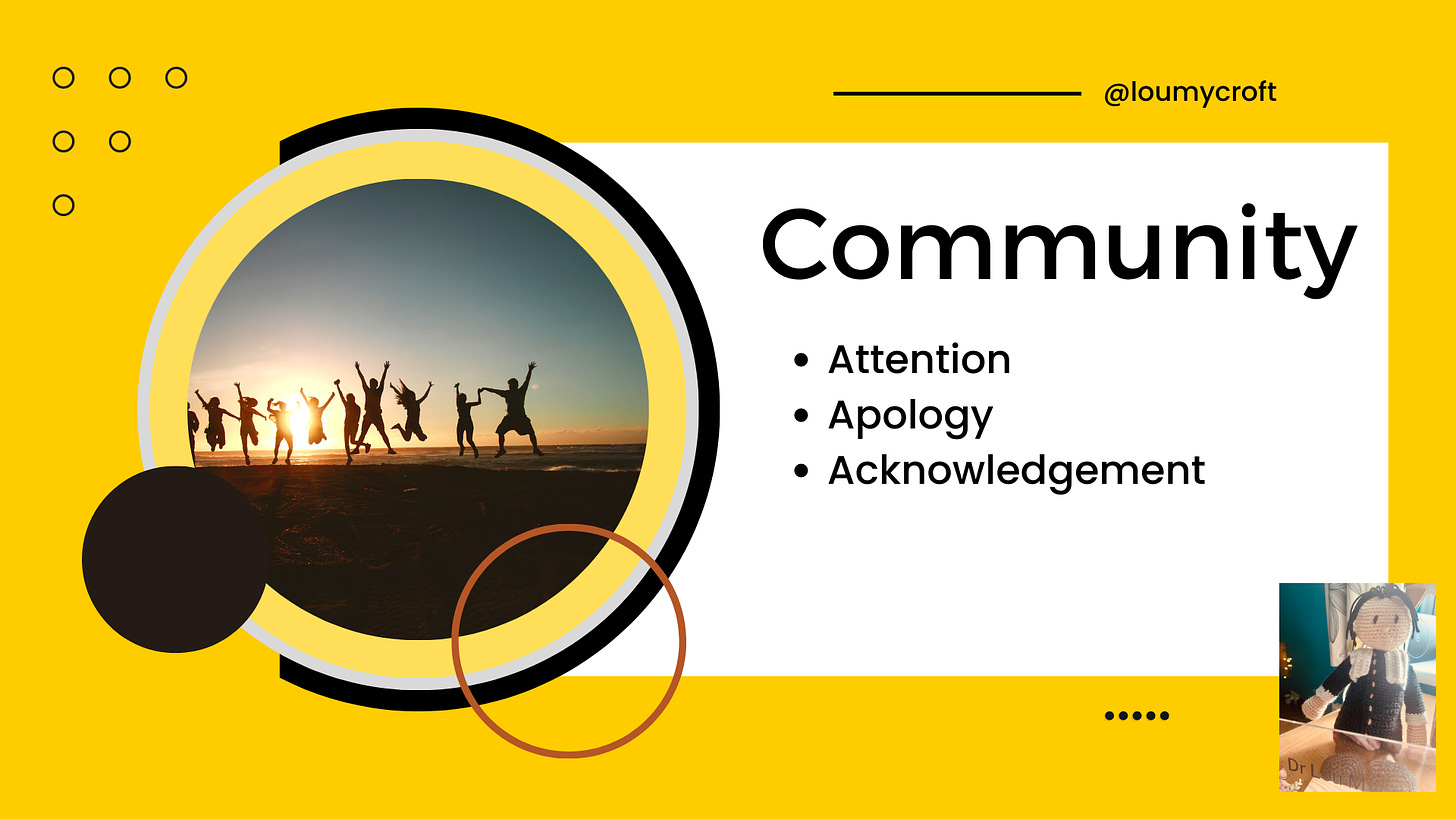 The image is some people jumping about joyfully, against a sunset. The heading is Community, with three bullet points: attention, apology and acknowledgement
