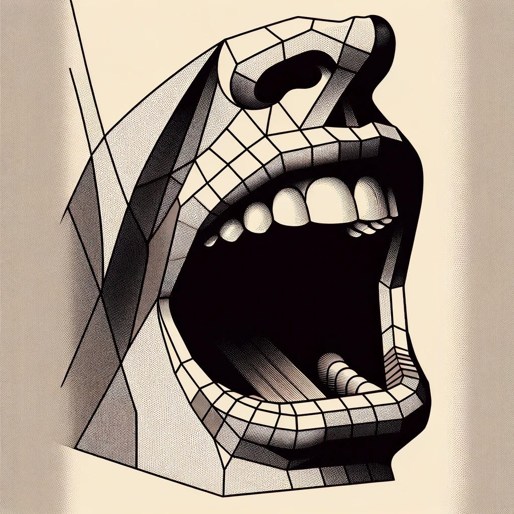 An abstract image depicting a mouth that refuses to shut, designed in a style that combines German Expressionism with 1970s wireframe early computer graphics, reminiscent of Stan Vanderbeek's work. The mouth should be boldly expressive, with sharp angles and high contrast typical of German Expressionism. The wireframe graphics should be simplistic and linear, reflecting the digital art style of the 1970s. The overall composition should be experimental and avant-garde, capturing the essence of defiance and bold expression. The color palette should be minimalistic, emphasizing the stark and dramatic impact of the image.