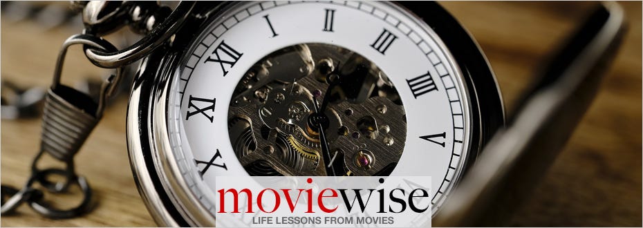 A clock face with Roman numerals and gears visible in the middle with the words, moviewise: Life Lessons From Movies.