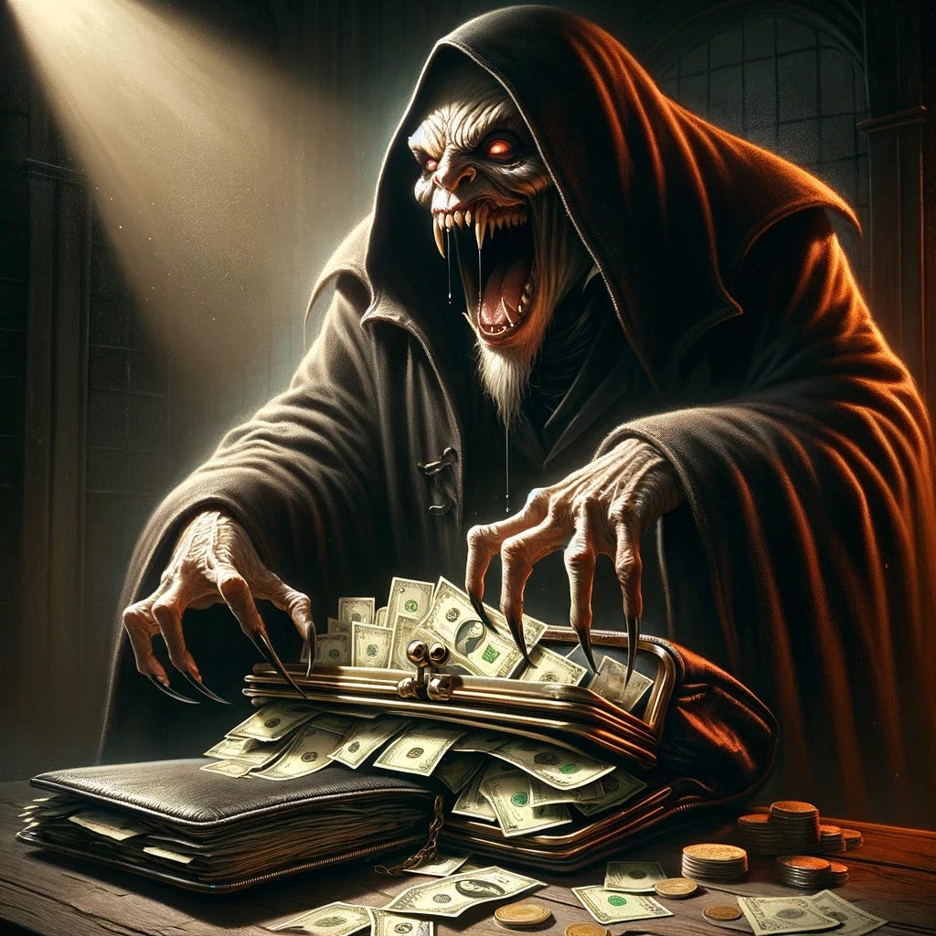 A symbolic and allegorical image depicting a vampire in a dark, Victorian-era cloak, with sharp fangs exposed, looming over a large, overstuffed wallet and piles of money. The vampire is using its hands to draw the wallet closer, while its eyes glow with greed. The background is dimly lit, suggesting a night scene, with shadows adding to the ominous atmosphere. The scene metaphorically represents the concept of financial exploitation or excessive consumerism, where the vampire symbolizes entities that drain financial resources.