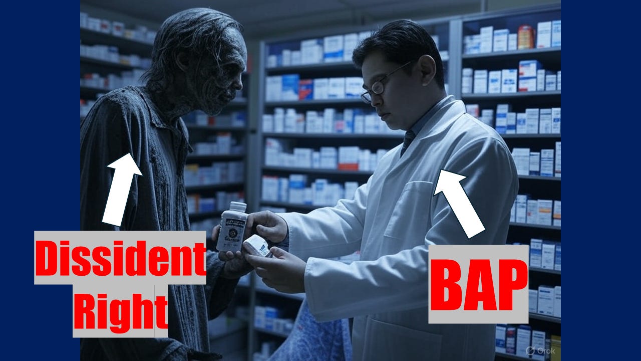 BAP is to political discourse what the Sackler family was to pharmaceuticals: a purveyor of poison. AI-generated image of a pharmacist giving a bottle of poison to a zombie.