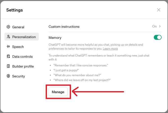 Personalization and managing Memory in ChatGPT