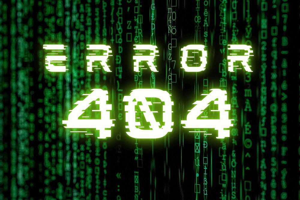 Error 404 lettering over a wall of green code.