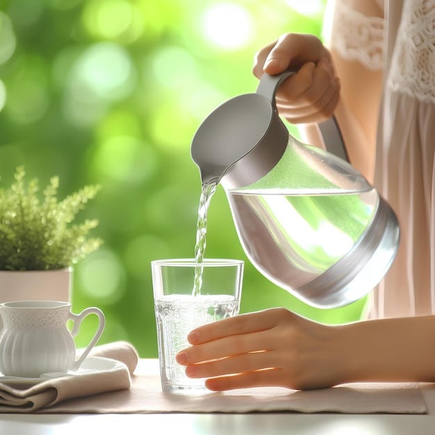 Woman hand pouring fresh water from jug into glass on white blurred background