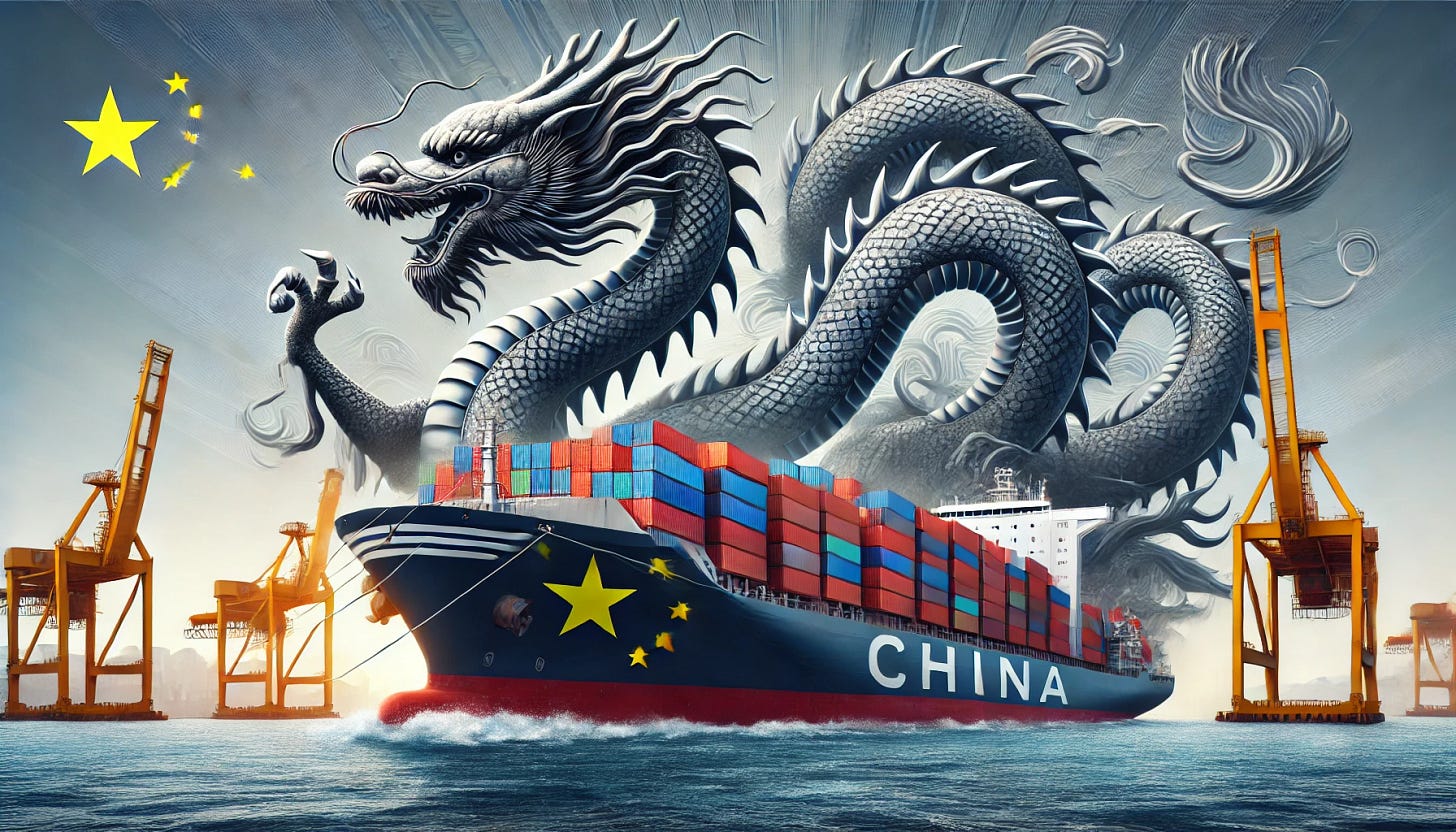 A wide aspect ratio image depicting a realistic scene of a Chinese dragon wrapped around a container ship. The ship should have imprints of the Chinese flag on its side. The dragon should be detailed and lifelike, coiling around the ship, creating a dramatic and powerful visual. The background should feature the ocean and an industrial port, emphasizing China's maritime trade and power.