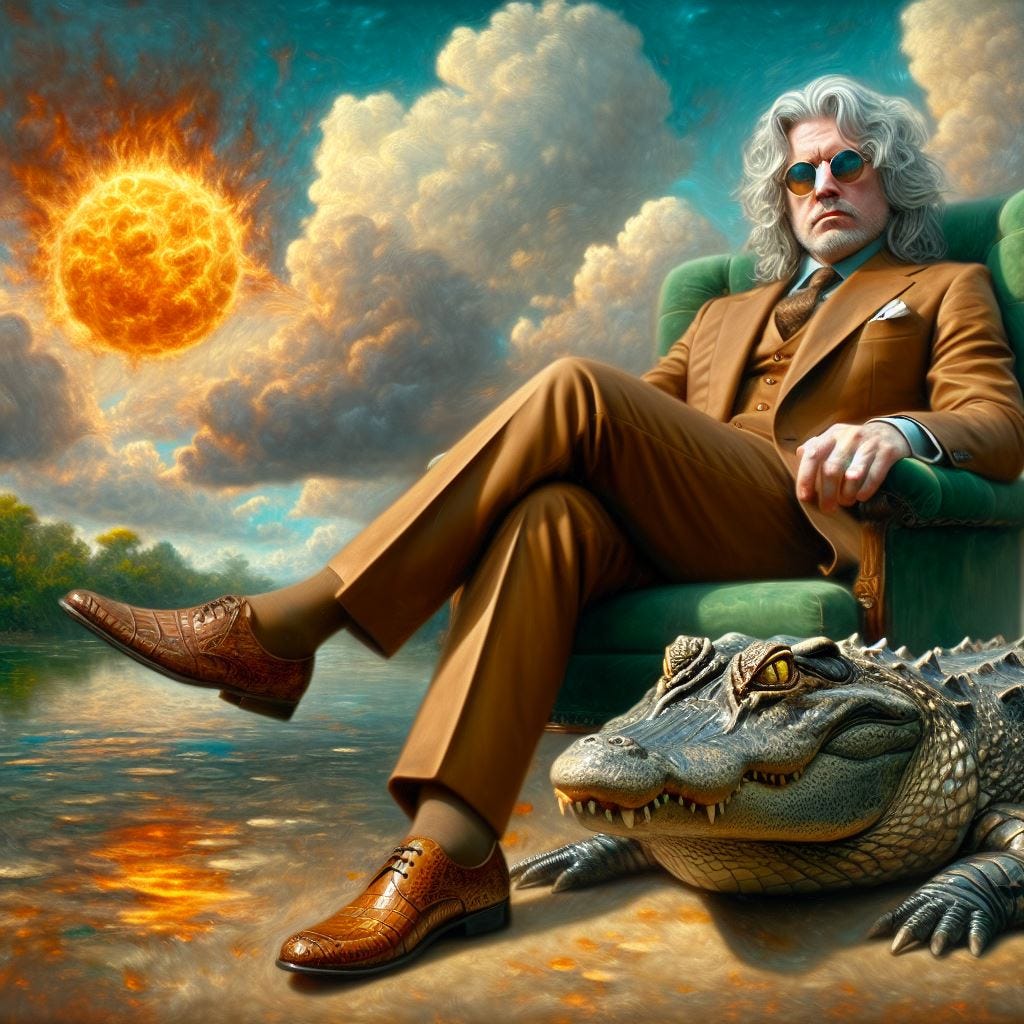 oil painting and glass Tilt Shift, lens baby effect; •	Hakone Open-Air Museum (Kanagawa, Japan) , honey and silver haired middle aged man in brown bespoke suit with bespoke alligator shoes. He is sitting on a green velvet sling back chair with an alligator. hyper realistic alligator eyes. fluffy clouds, sunny sky, sun made of plasma, lava sky