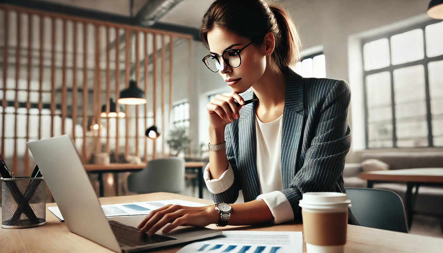 A focused woman wearing glasses, working in a modern office, deeply concentrated on her tasks. She is sitting at a desk with a laptop, documents, and a cup of coffee. The office has a professional and organized atmosphere with soft lighting and a large window in the background. She has a determined expression, symbolizing productivity and dedication. The composition is in a wide format, showing more of the office environment.
