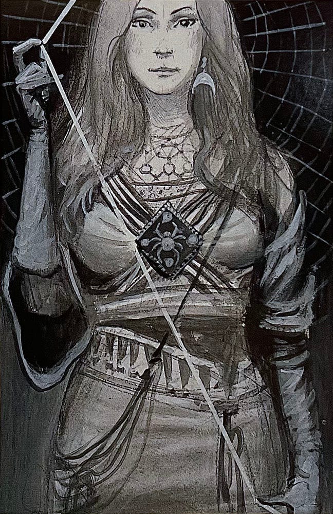 Preliminary concept for NIOBE featuring a woman standing in front of a spider's web measuring a "thread of life" pinched at one end near her hip and the other next to her head. Her dress features a swatch bearing the emblem of a spider.